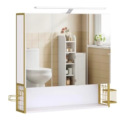 Abbildung von VASAGLE Spiegelschrank Bad mit Beleuchtung, Badezimmerschrank, integriertes Kabel, Badschrank, Wandschrank, hÖhenverstellbare Ablage, 3 TÜre, modern, weiß grÜngoldfarben BBK124A10