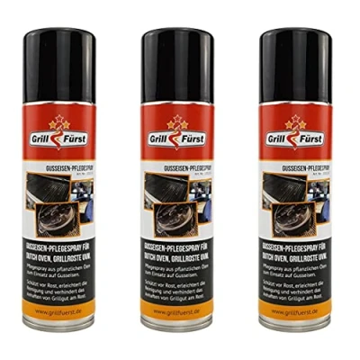 Abbildung von Grillfürst Gusseisen Pflegespray, 3 x 200 ml Trennspray für Dutch Oven, Grillrost und Gusseisenpfannen, zu 100% aus pflanzlichen Ölen