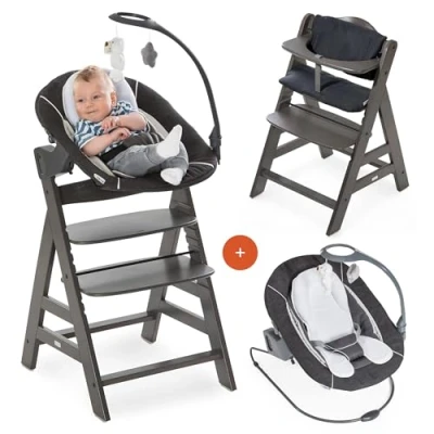 Abbildung von hauck Alpha Plus Newborn Set Deluxe Baby Holz Hochstuhl ab Geburt mit Liegefunktion inkl. Aufsatz für Neugeborene &amp; Sitzpolster mitwachsend, verstellbar Charcoal Grau