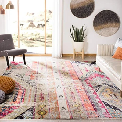 Abbildung von SAFAVIEH Boho Teppich für Wohnzimmer, Esszimmer, Schlafzimmer Monaco Collection, Kurzer Flor, Hellgrau und Multi, 240 x 300 cm
