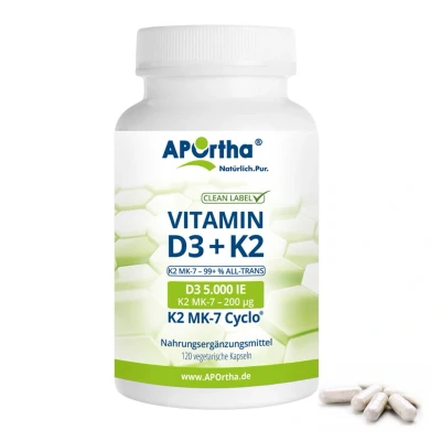 Abbildung von APOrtha® Vitamin D3 5.000 IE + K2 MK 7 Cyclo® 200 µg 120 vegetarische Kapseln St