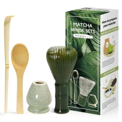 Abbildung von 4 Stück Matcha Set Japanische Zeremonie, Grün MatchaBesen aus Harz, Bambuslöffel, Bambusschaufel, Quirlhalter, Zubehör für die Teezeremonie, Getränk