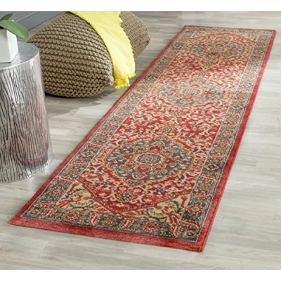 Abbildung von SAFAVIEH Traditionell Teppich für Wohnzimmer, Esszimmer, Schlafzimmer Mahal Collection, Kurzer Flor, Marineblau und Rot, 66 X 244 cm