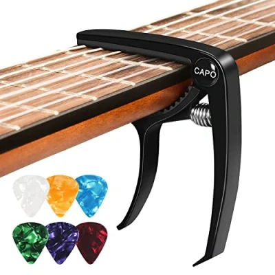 Abbildung von Kapodaster für Gitarre Capo Gitarren mit 6 Plektren, Capodaste Ukulele Westerngitarre E Gitarre, Metall Schwarz