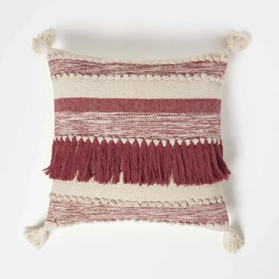 Abbildung von Homescapes Kelim Kissen Zadar rot weiß gestreift, Boho 45x45 cm mit Quasten &amp; Fransen, Deko Füllung