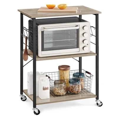 Abbildung von VASAGLE Küchenregal auf Rollen, Servierwagen mit 3 Ebenen, Küchenwagen, Mikrowellen Regal, für Mini Backofen, Toaster, Metallrahmen, 6 Haken, 40 x 60 89 cm, Greige meliert schwarz KKS060B02