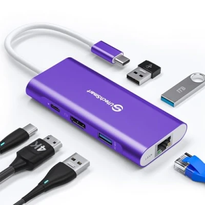 Abbildung von USB C Hub, UtechSmart 6 in 1 zu HDMI Adapter mit 1000M Ethernet, PD 100W Ladeanschluss, 3 3.0 Ports Multiport Kompatibel für MacBook Pro, Chromebook Geräte (Tiefes Lila)