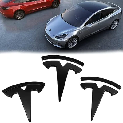 Abbildung von 3 Stücke Tesla Emblem Logo: Modell Auto Marke Etikett Front Motorhaube Frontkennzeichen Kofferraum Lenkrad Logo Aufkleber Mattschwarze Zubehör Kompatibel mit Model