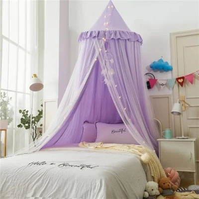 Abbildung von Betthimmel Babybett Baldachin Kinderzimmer, Kinderbett Moskitonetz Kinder Prinzessin Spielzelte, Mädchen &amp; Jungen zum Schlafen, Spielen als Mosquitonetz (Lila)