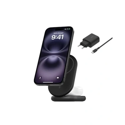 Abbildung von Belkin BoostCharge 2 in 1 magnetisches einklappbares Ladegerät Qi2, MagSafe kompatibles 15 W, Schnellladegerät für Apple iPhone 16/15/14/13/12, induktive Ladestation, inklusive Netzteil Schwarz