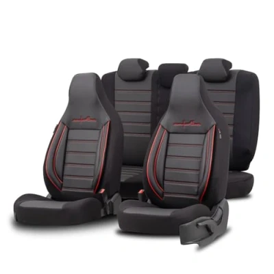 Abbildung von otoM Universelle Leder/Stoff &#039;CityBug&#039; Sitzbezüge &#039;Comfortline&#039; Schwarz/Rot 9 Teilig kompatibel mit Side Airbags