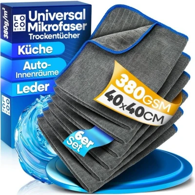 Abbildung von Loco Bird Microfasertücher in 380GSM Auto &amp; Haushalt fusselfreier Putztuch Bad Mikrofasertuch (40x40 cm, 6 tlg., Putztücher für Küche grau, Reinigungstücher Putzlappen, Streifenfreie und fusselfreie Reinigung sowie Politur von Oberflächen)