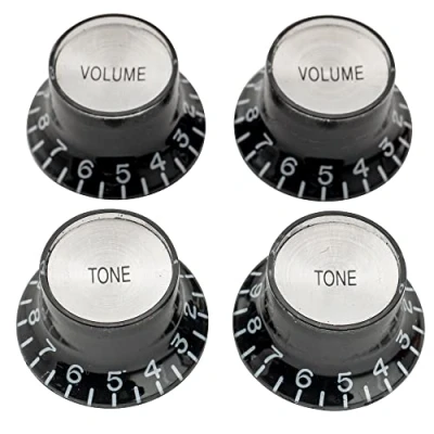 Abbildung von Musiclily Pro Linkshänder Imperial Zoll Größe 2 Volume Tone Potiknopfe Top Hat Reflector Knobs Set für USA Les Paul SG E Gitarre, Schwarz mit Silber