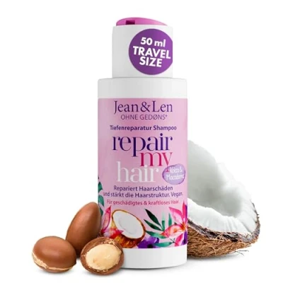 Abbildung von Jean &amp; Len Shampoo Repair Kokosöl Macadamia in Reisegröße, für geschädigtes kraftloses Haar, beugt Feuchtigkeitsverlust vor, repariert die Haarstruktur, ohne Parabene Silikone, vegan 50 ml