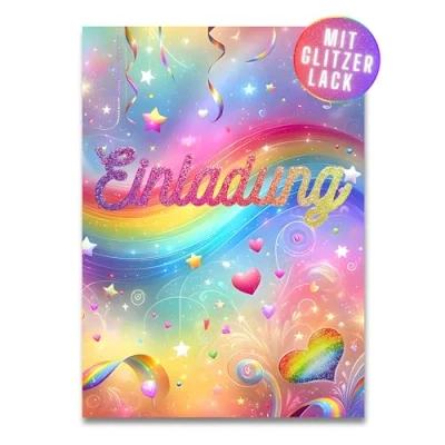 Abbildung von HIDEBLOOM I Glitzer Regenbogen Einladungskarten Kindergeburtstag Mädchen 12 Stück DIN A6 Einladung Geburtstag mit Glitzerlack Kinderparty Geburtstagseinladungen