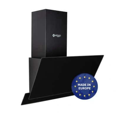Abbildung von Wiggo Dunstabzugshaube 60cm kopffrei I Abluft Umluft Dunstabzug 300m3/h LED Touch Display 3 Stufen Schräghaube inkl. Fettfilter &amp; 2x Kohlefilter Abzugshaube mit 2 teiliger Glasfront schwarz