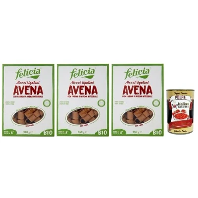 Abbildung von Felicia Mezzi Rigatoni Avena,Pasta con Farina di Avena integrale,Nudeln mit Vollkorn Haferflocken,Bio und Natürlich Glutenfrei,Packung 340g + Italian Gourmet Polpa Pomodoro 400g Dose