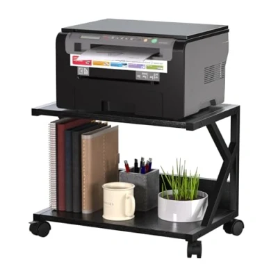 Abbildung von 2 Ebene Druckerständer, Druckertisch mit arretierbaren Rädern, mobiler Druckerwagen, Druckerhalter Industrie Design, Drucker Stand für Büro, Zuhause, Schule, Fax, Kopierer, Scanner (Schwarz)