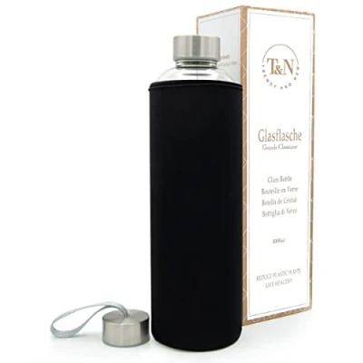 Abbildung von T&amp;N Glasflasche 1 Liter / 750ml 500ml Trinkflasche Glas 1l mit Neoprenhülle Wasserflasche Auslaufsicher Glastrinkflasche aus dickerem Borosilikat für Kohlensäure geeignet
