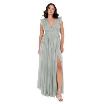 Abbildung von Anaya with Love Women&#039;s Maxi Dress Ladies V Neck Short Sleeve Split Tulle A line for Wedding Guest Bridesmaid Evening Occasion Ball Gown, Frostgrün 56
