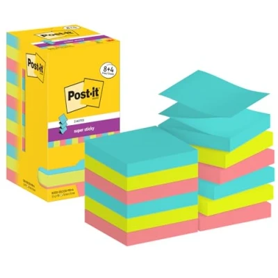 Abbildung von Post it Super Sticky Z Notes Cosmic Collection, Packung mit 12 Blöcken, 90 Blatt pro Block, 76 mm x mm, Türkis, Grün, Pink Extra stark klebende Notizzettel für Notizen und To Do Listen, Mittel