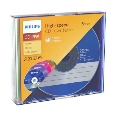 Abbildung von Philips CD RW Rohlinge 80Min 700MB 4 12x 5er Slim Case Coloured