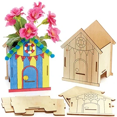 Abbildung von Baker Ross FC791 Strandhütte Holzbauten Set Blumentopf 3er Pack, Bastelsets aus Holz für Kinder zum Basteln, Bemalen und Dekorieren