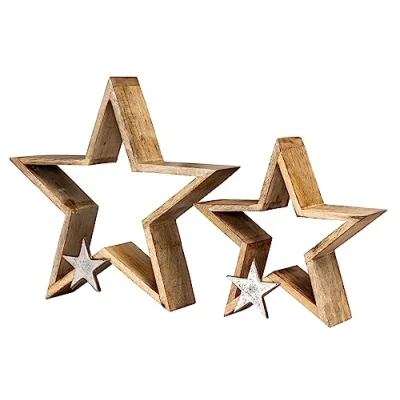 Abbildung von Levandeo® Deko Schriftzug, 2er Set Sterne 25 33cm Mango Holz Natur Braun Silber Weihnachtsdeko