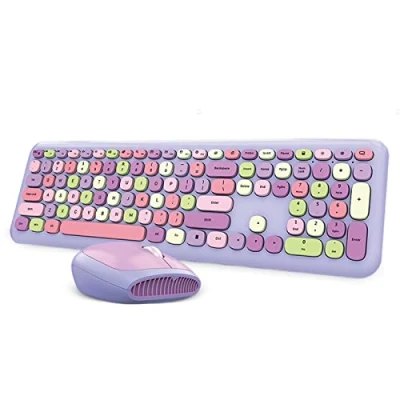 Abbildung von Kabellose 2,4 G Tastatur und Maus Kombination, Bunte Runde Tastenkappen, Niedliche ästhetische Tastatur, 110 Tasten in Voller Größe, QWERTY Schreibmaschinentastatur(Lila gemischt)