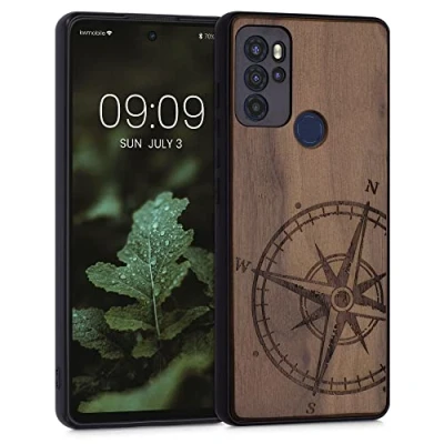 Abbildung von kwmobile Hülle kompatibel mit Motorola Moto G60S Holz Case Handy Cover TPU Handyhülle in Dunkelbraun Kompass Vintage
