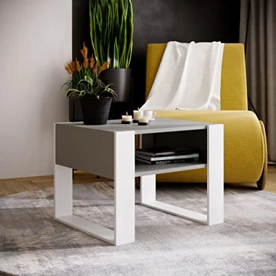 Abbildung von MRBLS Couchtisch modernes rustikales Design Wohnzimmer Tisch Beistelltisch Kaffeetisch Sofatisch Teetisch aus Holz (Grau Matt Weiß Matt) 65 x 45 53,6cm (B/H/T)