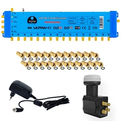 Abbildung von hb digital Multischalter pmse 5/16 für 1x SAT &amp; bis zu 16 x Teilnehmer/Receiver mit Netzteil + Quattro LNB Profi Full HDTV 3D 4K UHD 30 Vergoldete F Stecker Gummidichtung