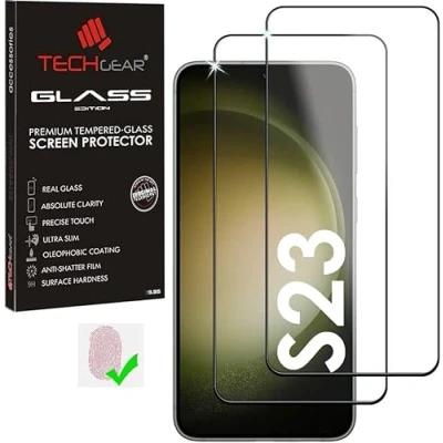 Abbildung von TECHGEAR 2 Stück Fingerabdruck Glas kompatibel mit Samsung Galaxy S23 / 5G Displayschutz folie aus gehärtetem [Voller Kleber] [Kristall Klarheit] [Kratzfest] [Anti Blasen]