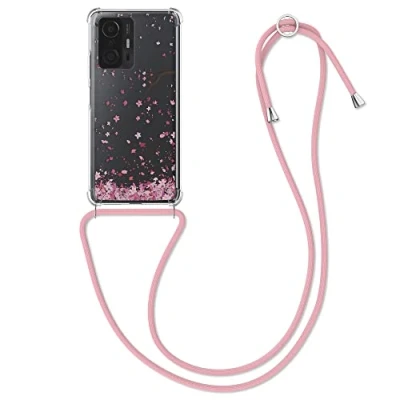 Abbildung von kwmobile Necklace Case kompatibel mit Xiaomi 11T / Pro Hülle Silikon Cover Handykette Rosa Dunkelbraun Transparent Kirschblütenblätter