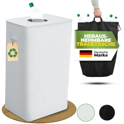 Abbildung von COTTARA® Pfandflaschen Sammelbehälter mit Deckel und Tragetasche Pfandbehälter Einwurf Idealer Flaschen organizer Pfandsammler Flaschensammler Leergut für Küche Weiß
