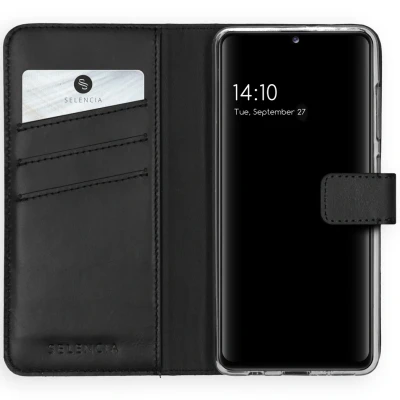 Abbildung von Samsung Galaxy A41 Hülle Echtleder Selencia Klapphülle Handyhülle Schwarz