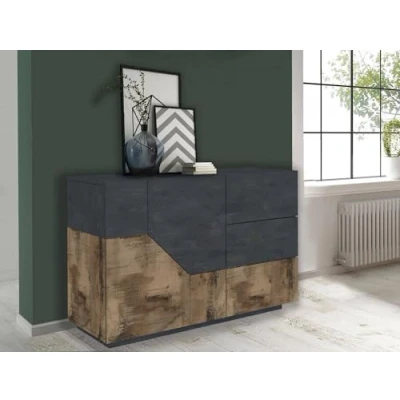 Abbildung von Dmora Modernes Sideboard mit 2 geometrischen Türen und 3 Schubladen, Made in Italy, Küchen Sideboard, Wohnzimmer Design Buffet, Cm 141x43h86, Schiefer Ahorn