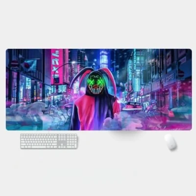 Abbildung von NIRBO Cyberpunk Gaming Mauspad, extra groß, erweitertes XXL Mauspad für Schreibtisch, genähte Kanten, rutschfeste Gummiunterseite, wasserdichte Stoffoberfläche (R5, 900 x 400 3 mm)
