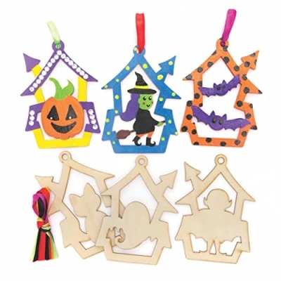 Abbildung von Baker Ross FE743 Halloween Dekoration Bastelset aus Holz 10er Pack, Holzbasteln für Kinder zum Dekorieren und Aufhängen, Holzbastelsets Kinder, Schwarz,Rot