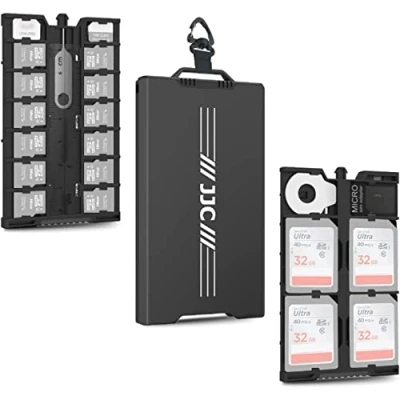 Abbildung von JJC Pop up Metal Speicherkarten Etui Tasche Aufbewahrung Ultra Silm für 12 Micro SD TF MSD + 4 2 Nano SIM Card mit Karabiner Flachkopf Werkzeug Adapter Remove Tool &amp; Mini Lineal