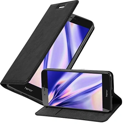 Abbildung von Cadorabo Hülle kompatibel mit Honor 6C aus Premium Kunst Leder Flip Klappbare Stoßfeste Magnetische [Standfunktion] [Kartenfächern] Cover für Tasche in Schwarz