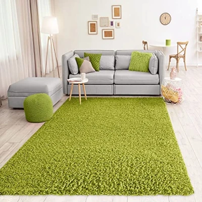 Abbildung von VIMODA Teppich Prime Shaggy Hochflor Langflor Einfarbig Modern Grün für Wohnzimmer, Schlafzimmer, küche, Maße:Ø 160 cm Rund
