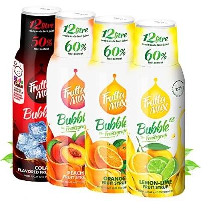 Abbildung von 4 x 500 ml FruttaMax Getränkesirup Frucht sirup Konzentrat Orange Zitrone Limette Cola Pfirsiche weniger Zucker mit 50 60% Fruchtanteil für Soda Maschine geeignet