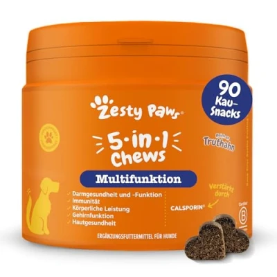 Abbildung von Zesty Paws 5 in 1 Multivitamin Für Hunde Weiche Leckerlis Biotin das Gehirn Darmfunktion &amp; Haut, Wohlbefinden, Leistungsfähigkeit und gegen Stress alle 90 STK