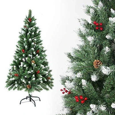 Abbildung von Sunjas Weihnachtsbaum künstlich, 120/150/180/210 cm mit Tannenzapfen, Tannenbaum Schnee Effekt und rote Beere Deko, beschneiten Spitzen Kunsttanne Metallständer (180cm)