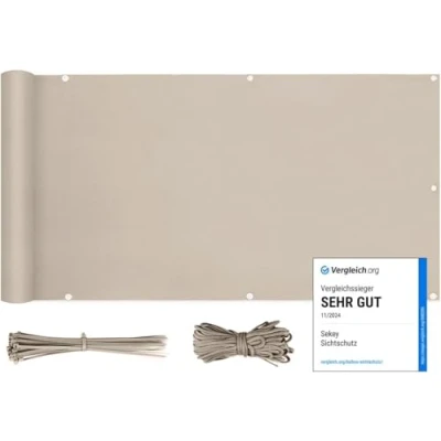 Abbildung von Sekey Balkon Sichtschutz Balkonabdeckung Balkonverkleidung blickdichte Wind und UV Schutz, 100% Privatsphäre, mit Ösen, Nylon Kabelbinder Kordel, 75 x600cm Taupe