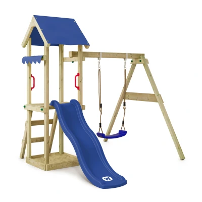 Abbildung von Spielturm TinyWave mit Schaukel &amp; blauer Rutsche