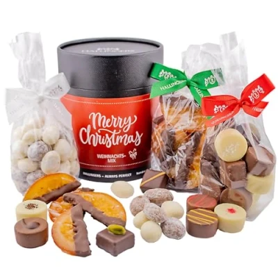 Abbildung von Hallingers Weihnachts Naschmix Weihnachtliches Geschenkset, Pralinen Mandeln Orangenscheiben als Geschenk zu Weihnachten (Set) Adventskalender Neuheiten &amp; befüllen Glückwunsch Gl