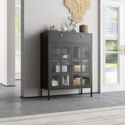 Abbildung von Mein Regal Sideboard Glasgow, Wohnzimmer Schwarz Kommode aus Metall Glastüren Schubladen