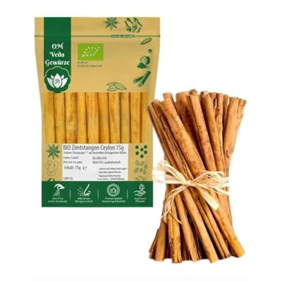 Abbildung von Bio Zimt Ceylon Zimtstangen Ganz 75g Echter Canehl aus Sri Lanka Organic zertifiziert DE ÖKO 039 Cinnamon Für Küche und Tee OmVeda